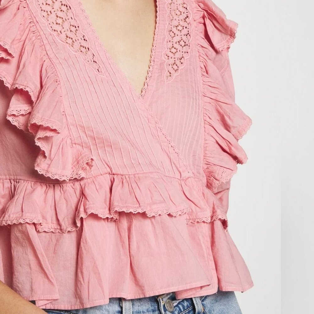 FARM Rio Blush Pink Puff Sleeve V-Neck Blouse - Picture 3 of 14